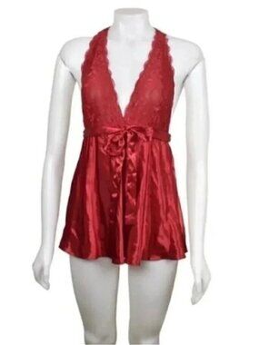 La Vie En Rose Satin Babydoll Lace Tie Waist Deep  V Size Small